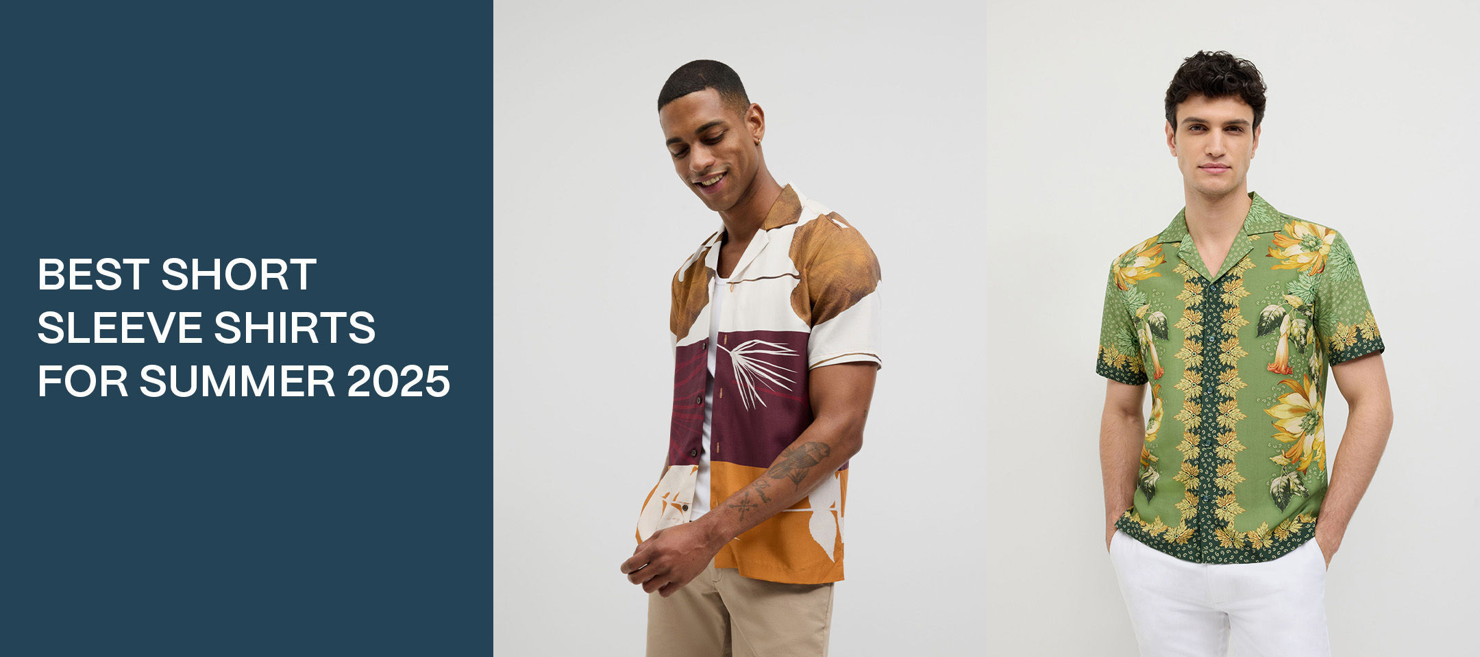 Two men wearing printed short sleeve summer shirts in bold resort patterns for 2026